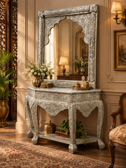 Handcrafted Silver Embossed Work Console with Mirror