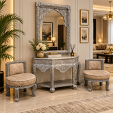 Traditional Silver Embossed Console with Wall Mounted Mirror and 2 Accent Chairs
