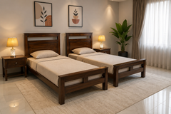 Solid Sheesham Wood Pair Of Single Beds with 2 Side Tables
