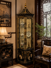 Chinese Black Lacquer Round Hexagon Pagoda Top Mother Of Pearl Showcase Display