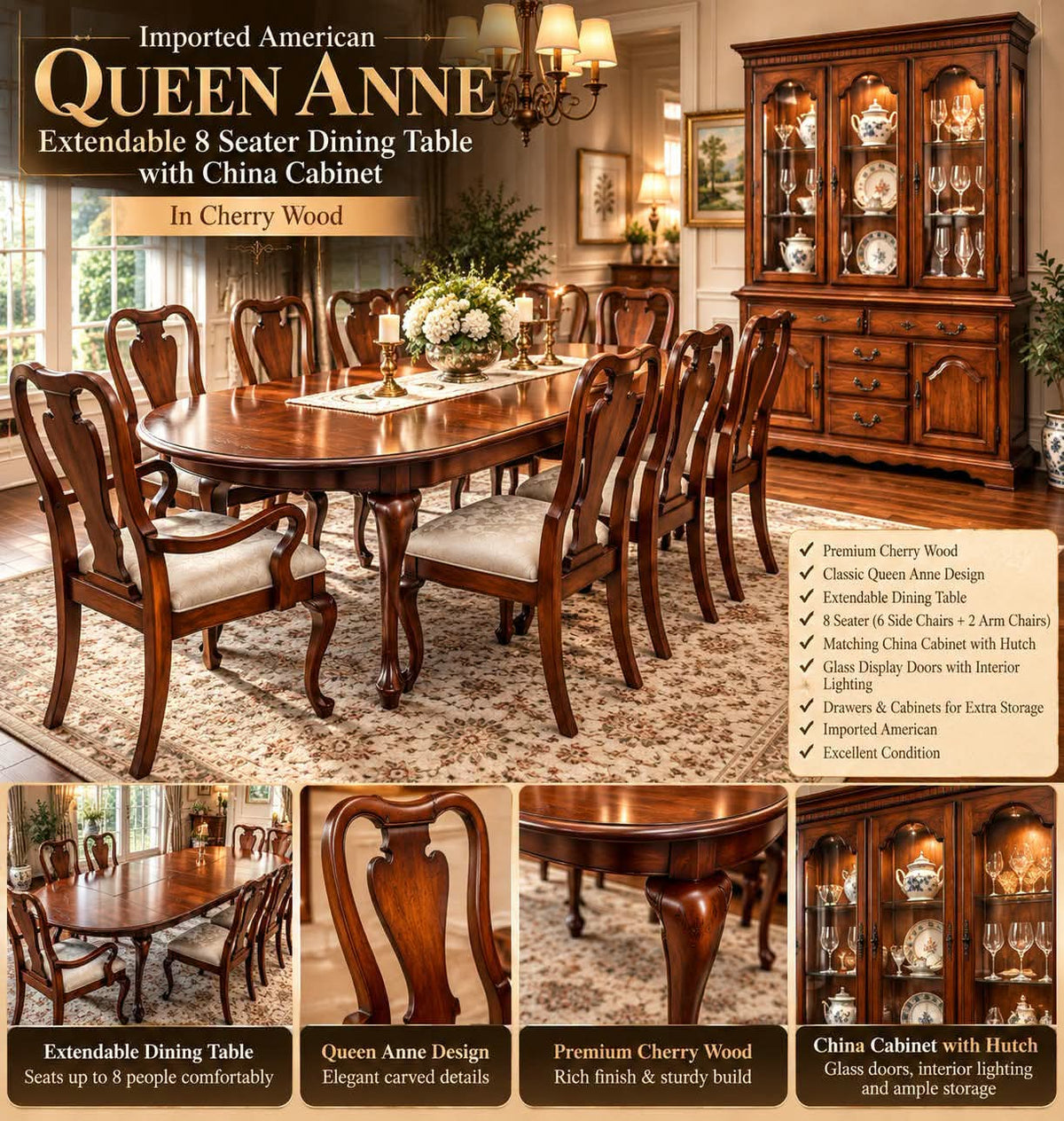 Imported American Queen Anne Extendable 8 Seater Dining Table with China Cabinet Cum Divider