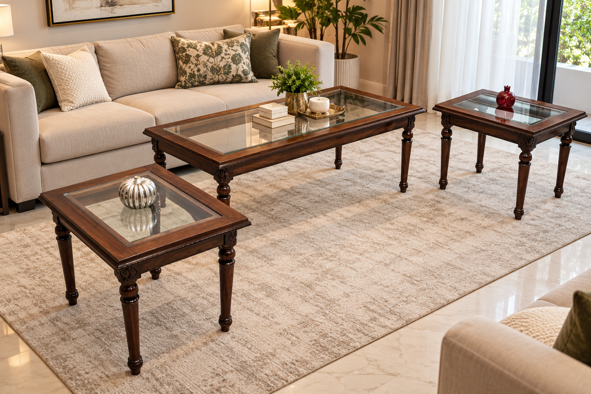 Solid Sheesham Wood Center Table Side Table Set