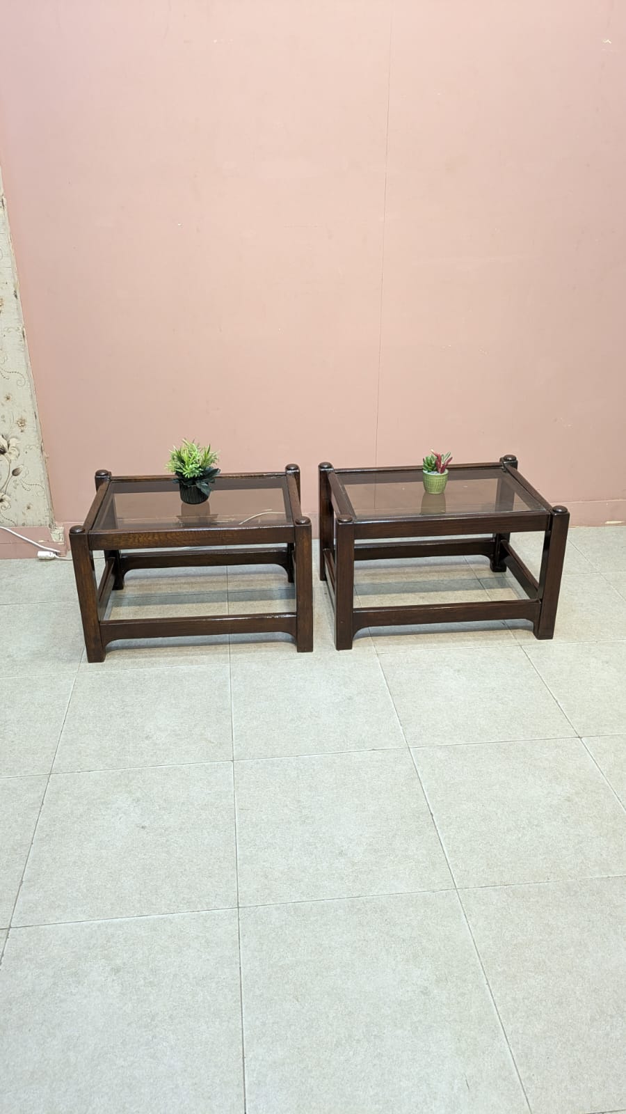 Solid Oak Wood Corner Table pair