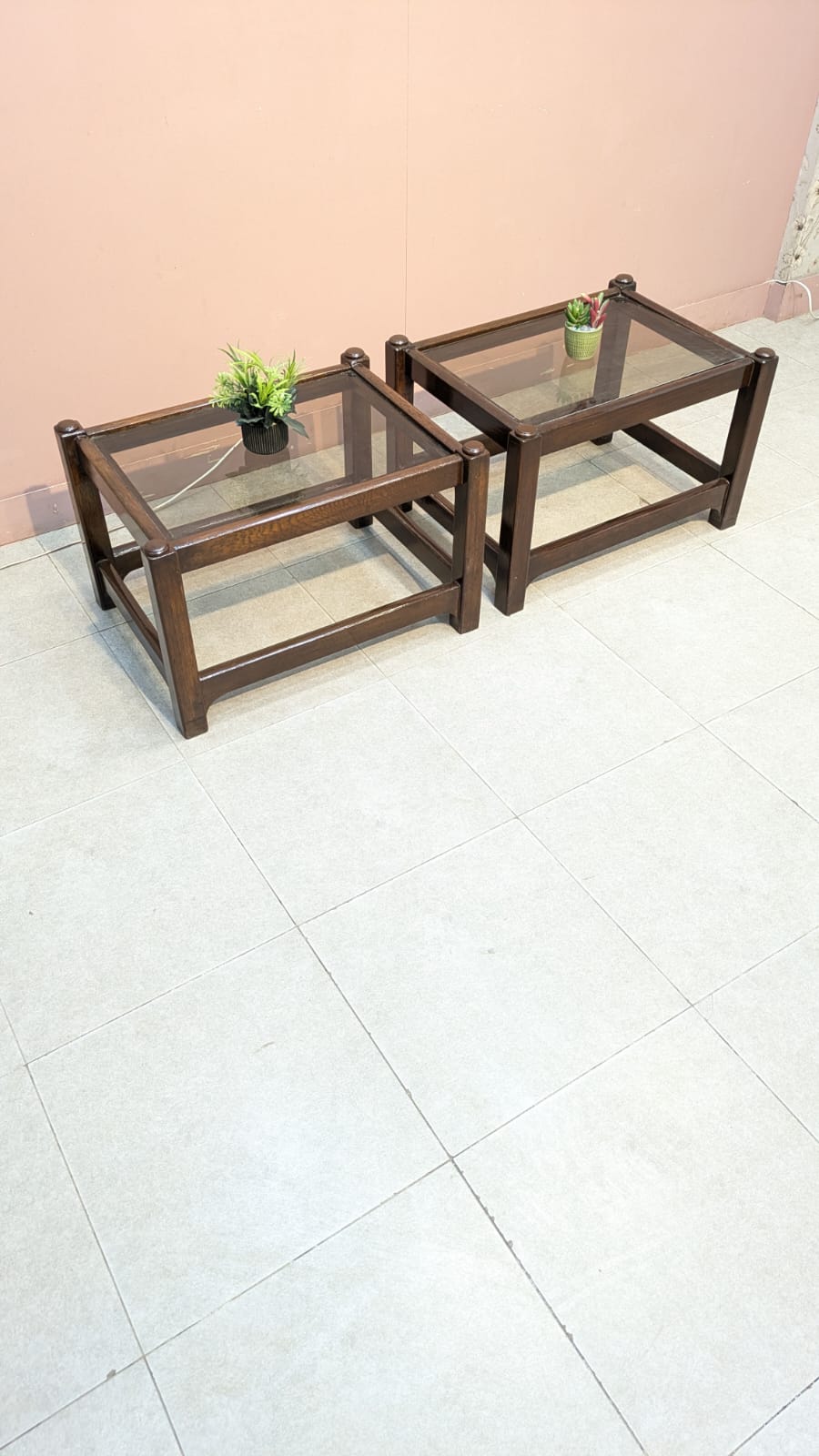 Solid Oak Wood Corner Table pair