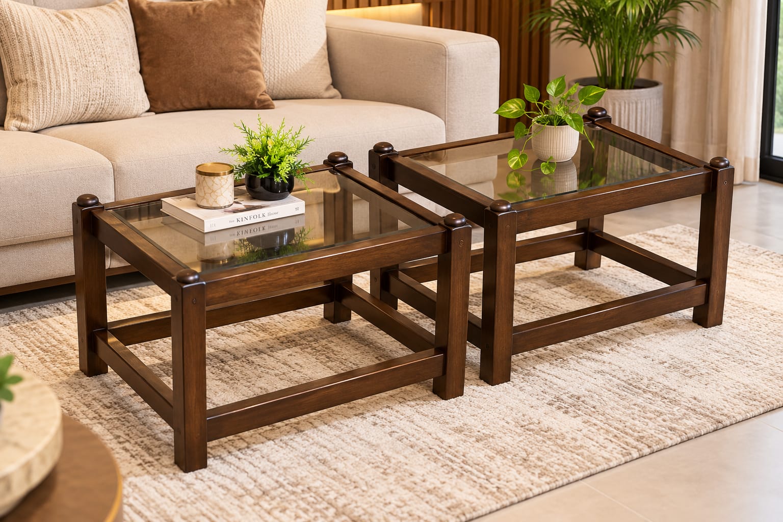 Solid Oak Wood Corner Table pair