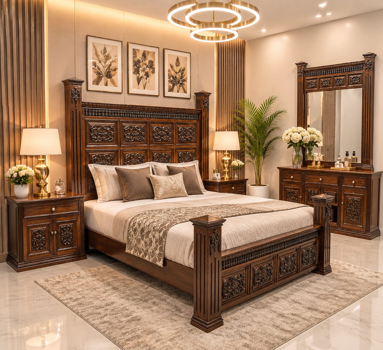Solid Sheesham Wood King Size Bed Set