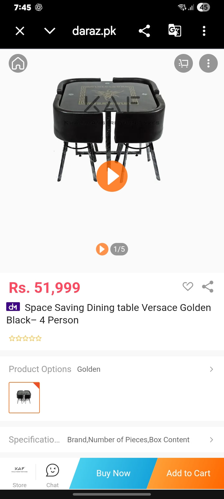 ELEGANT BLACK &amp; GOLD 4-SEATER DINING TABLE SET