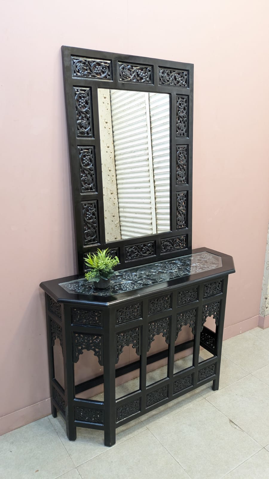 Solid Sheesham Wood Console With Wall Mounted Mirror