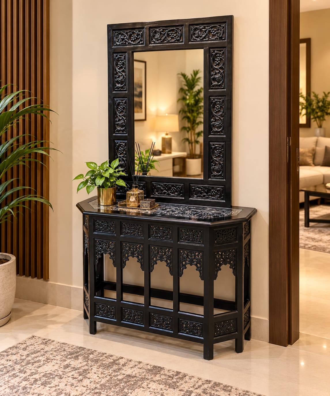 Solid Sheesham Wood Console With Wall Mounted Mirror