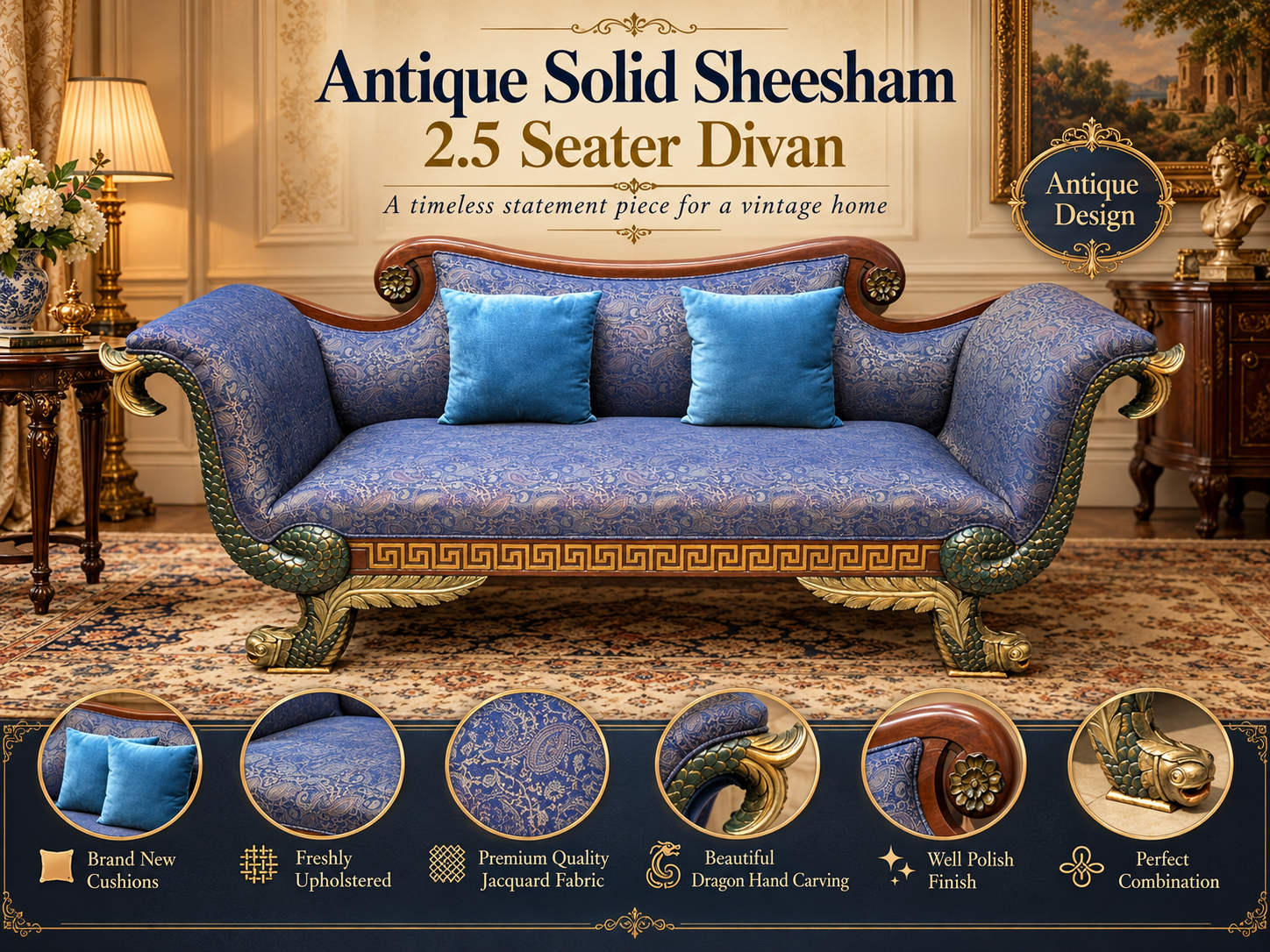 Antique Solid Sheesham Wood 2.5 Seater Divan