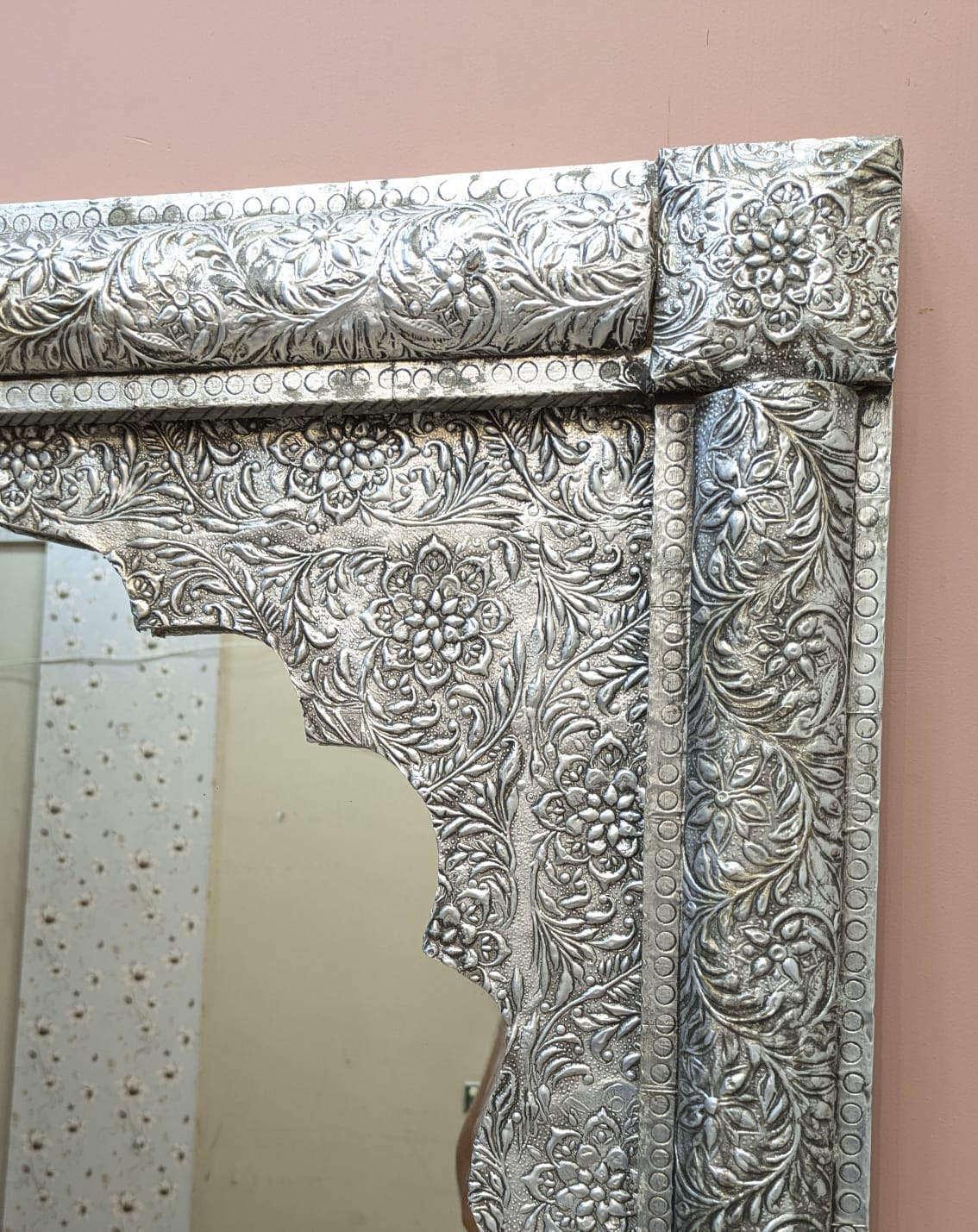 Handcrafted Silver Embossed Work Console with Mirror