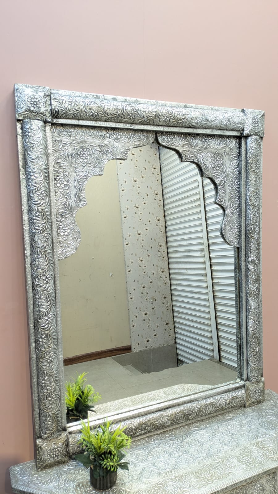 Handcrafted Silver Embossed Work Console with Mirror