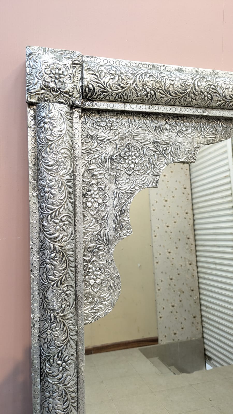 Handcrafted Silver Embossed Work Console with Mirror