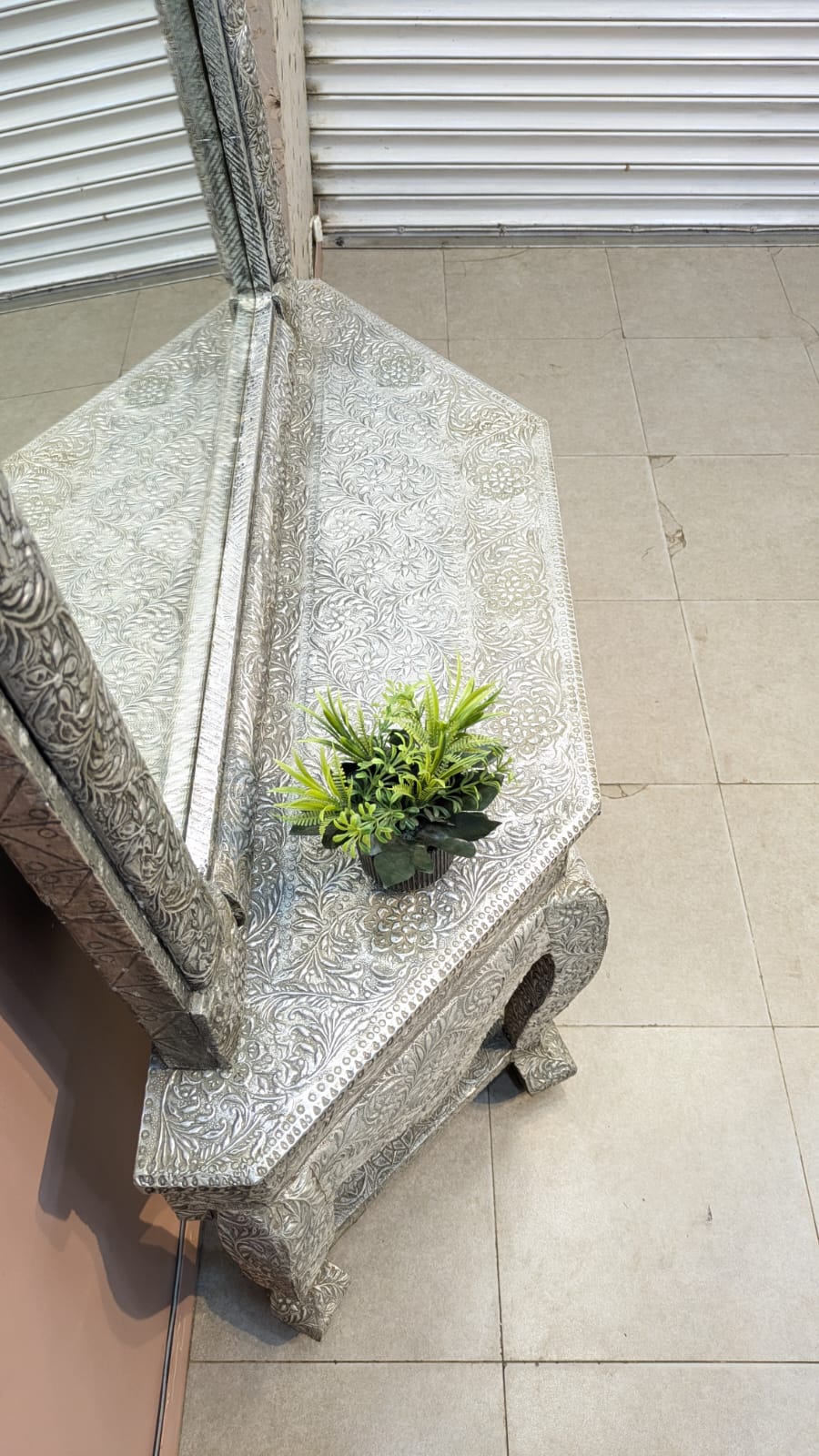 Handcrafted Silver Embossed Work Console with Mirror