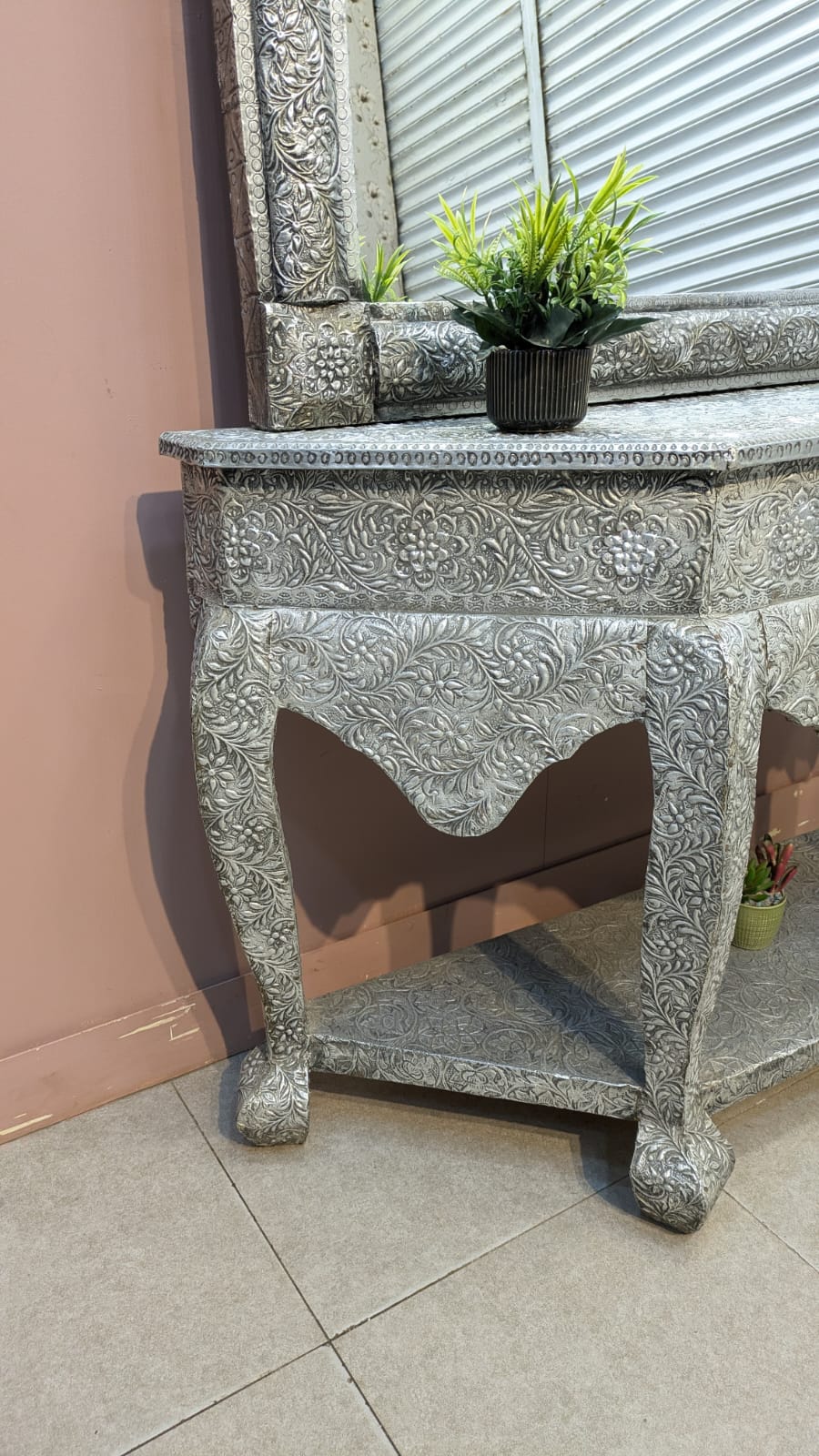 Handcrafted Silver Embossed Work Console with Mirror