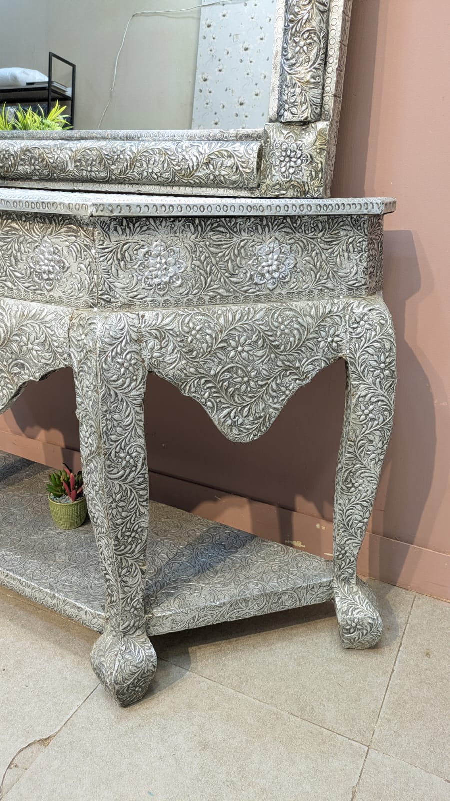 Handcrafted Silver Embossed Work Console with Mirror