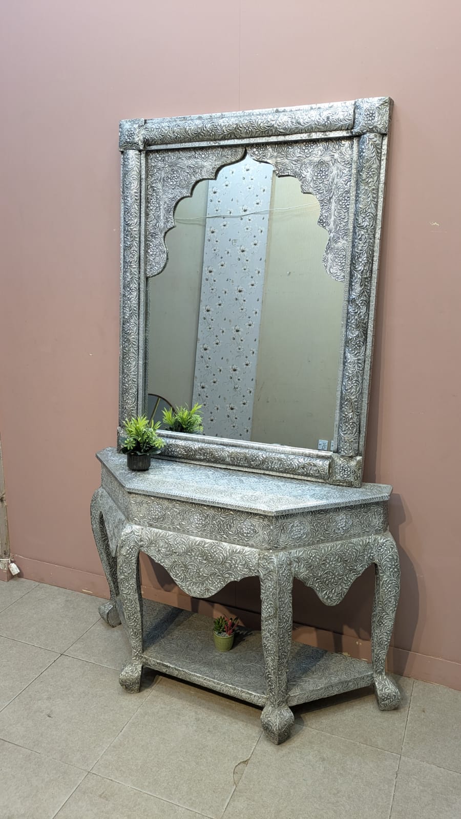 Handcrafted Silver Embossed Work Console with Mirror