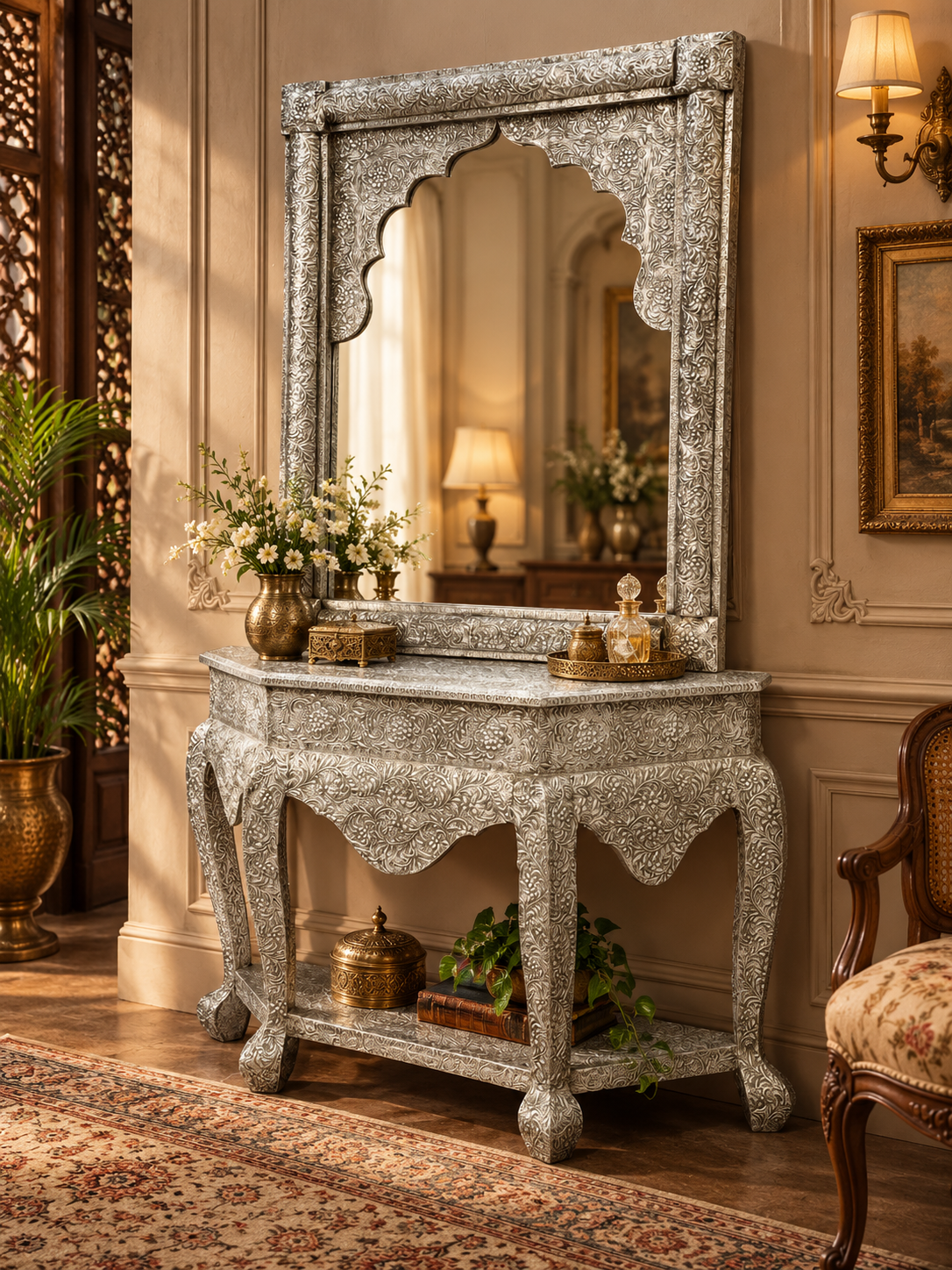 Handcrafted Silver Embossed Work Console with Mirror