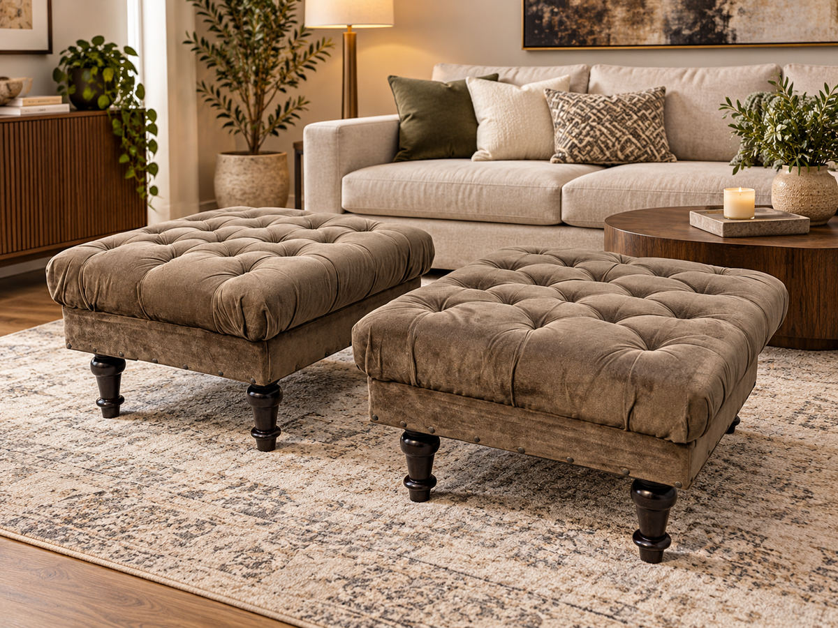 ELEGANT PAIR OF CHESTERFIELD OTTOMANS