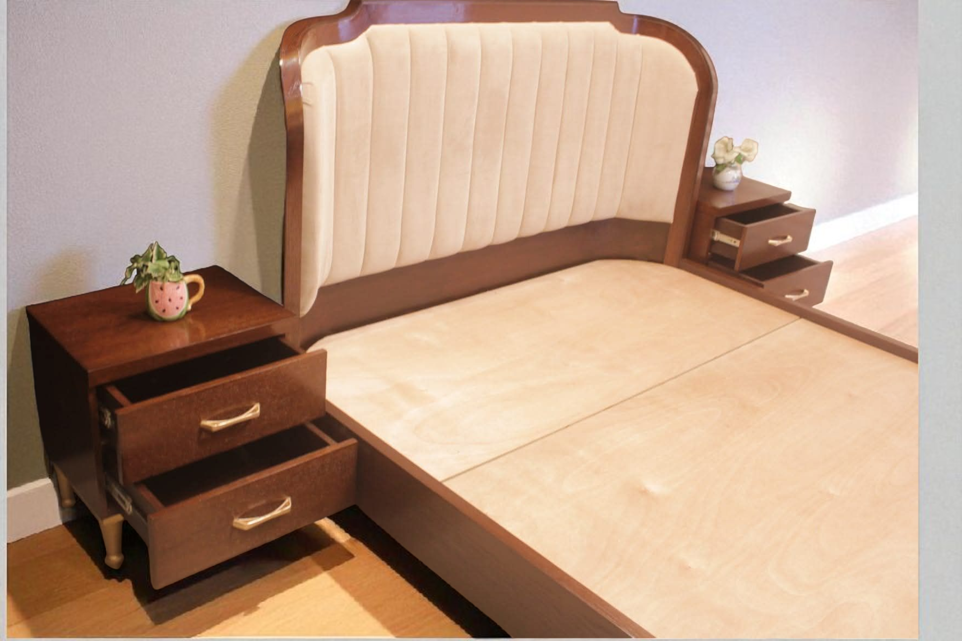 Brand New Ash Wood Cushioned Bed with 2 Night Stands