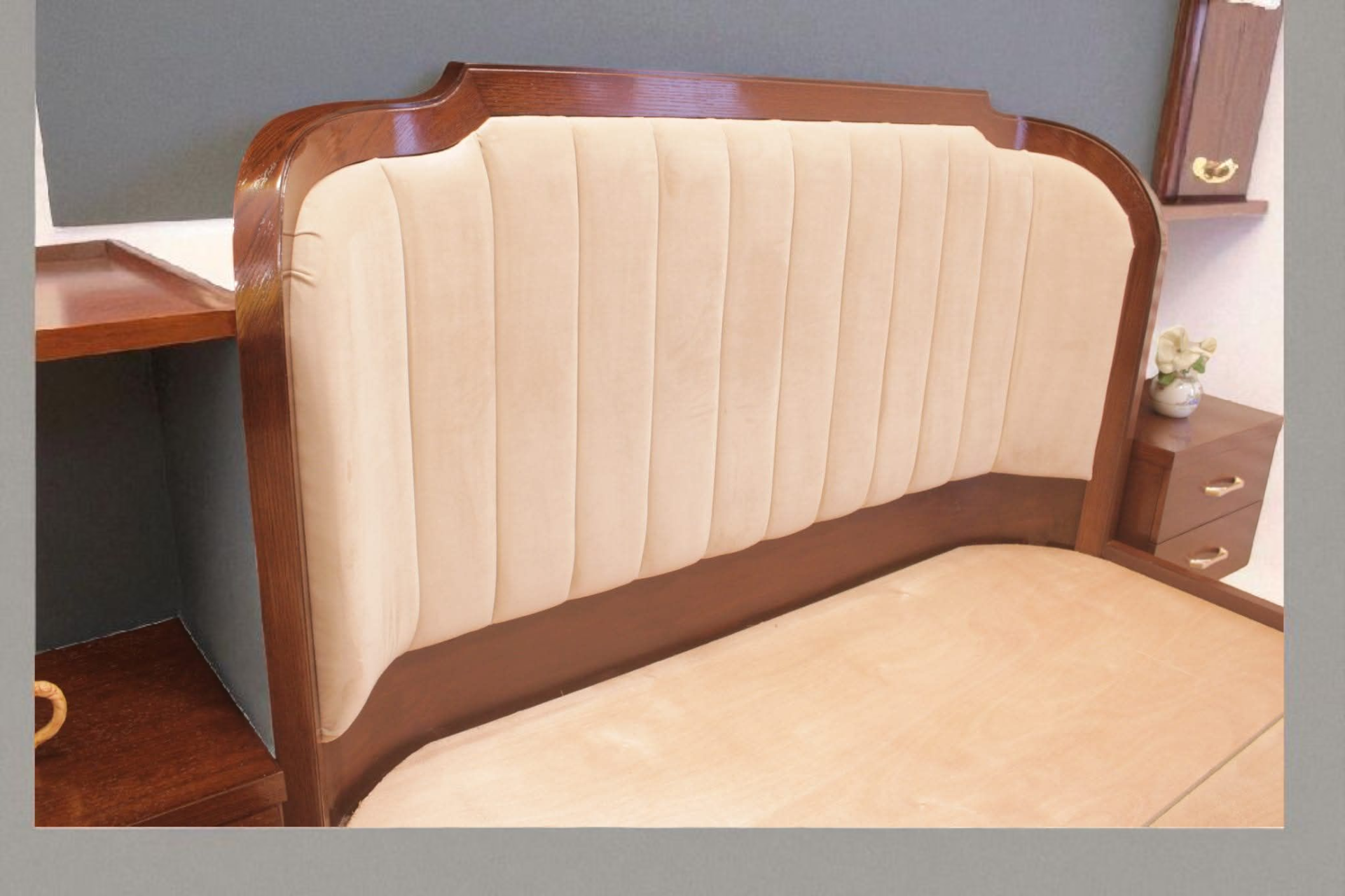 Brand New Ash Wood Cushioned Bed with 2 Night Stands