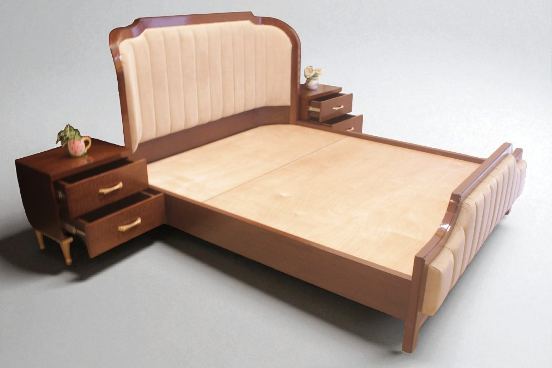 Brand New Ash Wood Cushioned Bed with 2 Night Stands