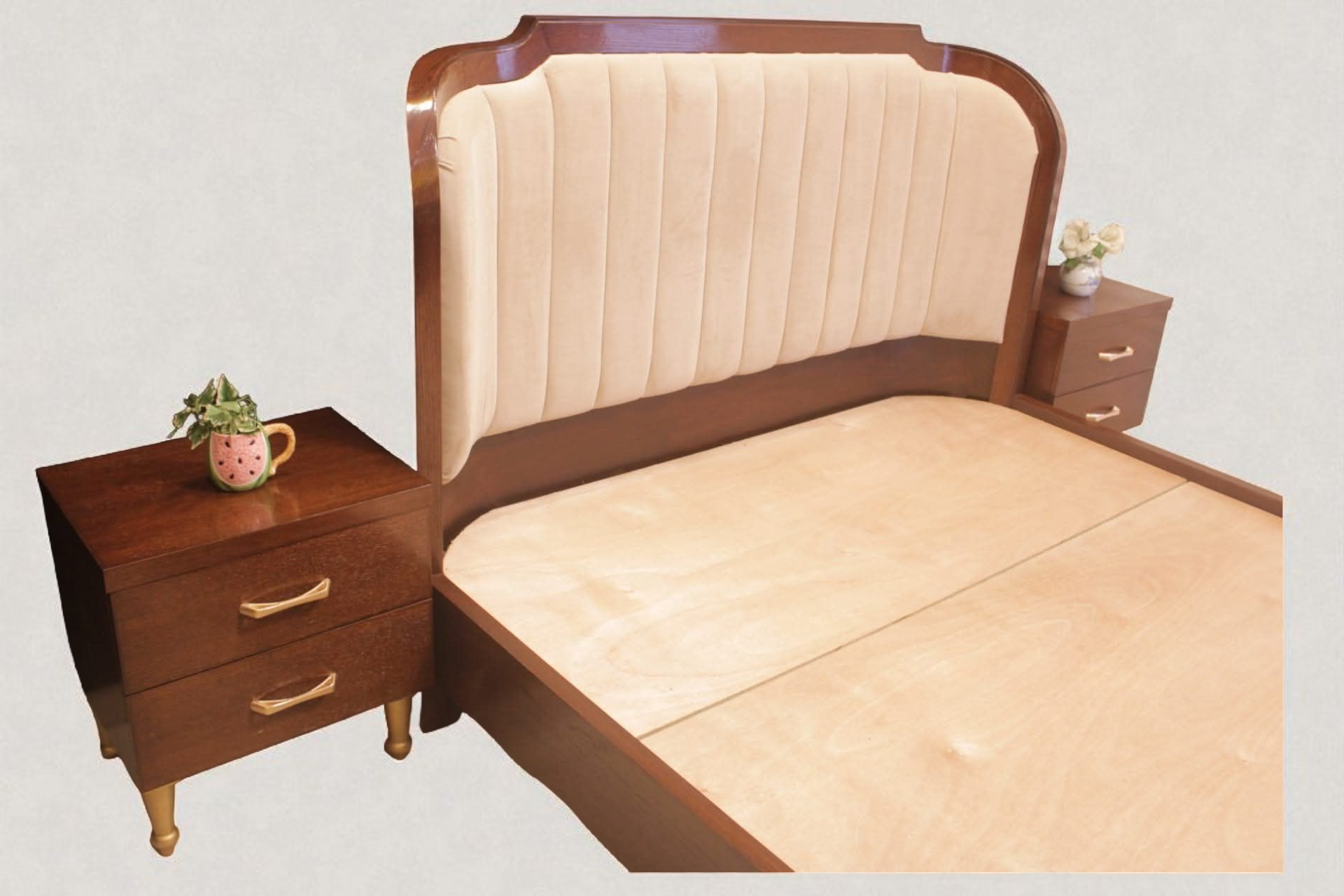 Brand New Ash Wood Cushioned Bed with 2 Night Stands