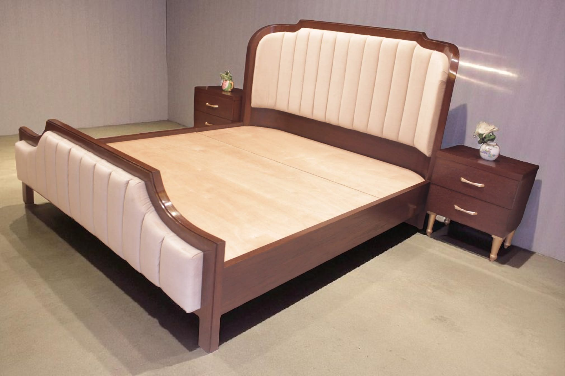Brand New Ash Wood Cushioned Bed with 2 Night Stands