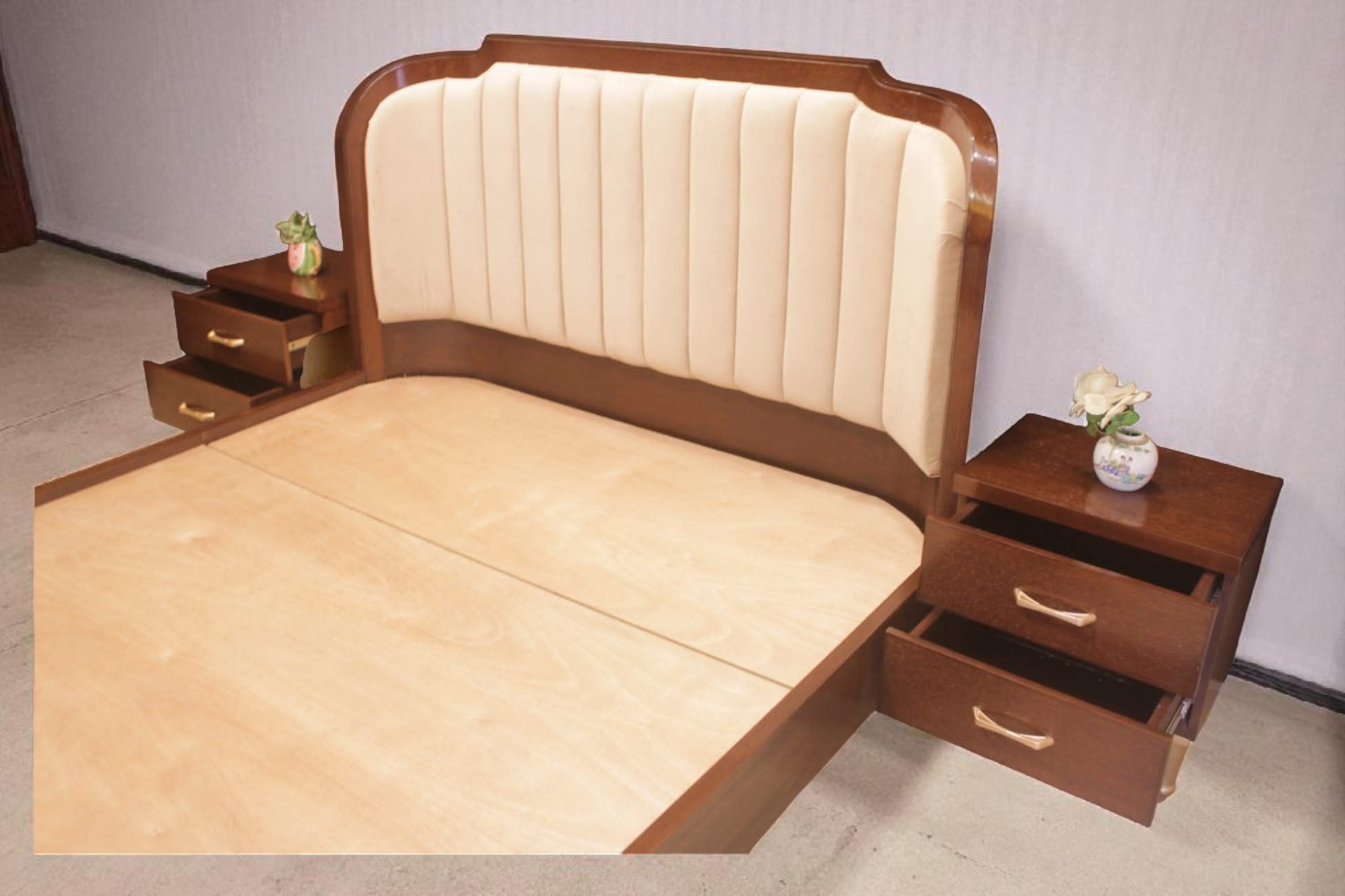 Brand New Ash Wood Cushioned Bed with 2 Night Stands