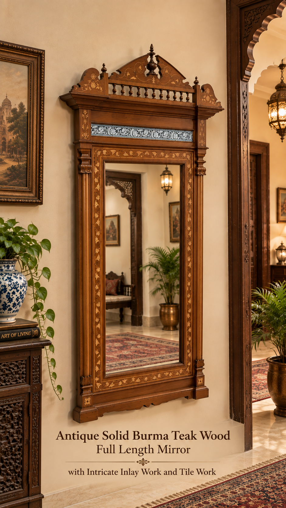 Antique Solid Burma Teak Wood Full Length Wall Mirror