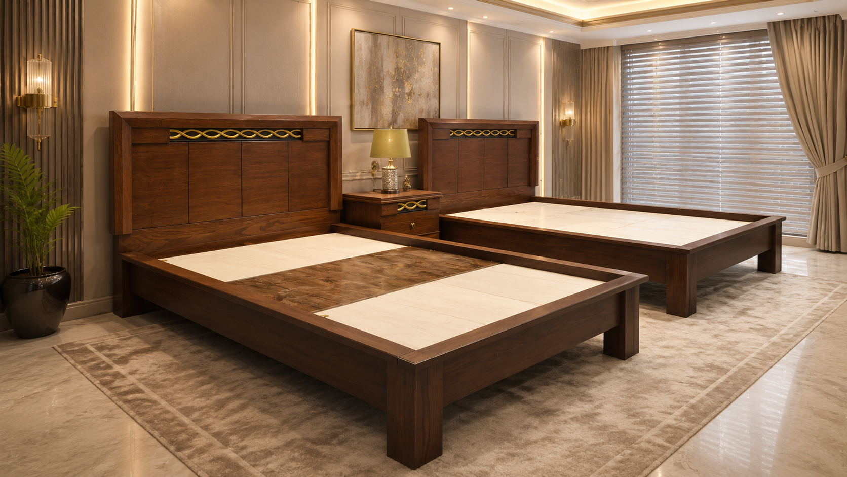 Pair of Twin Size Bed with Shared Side Table