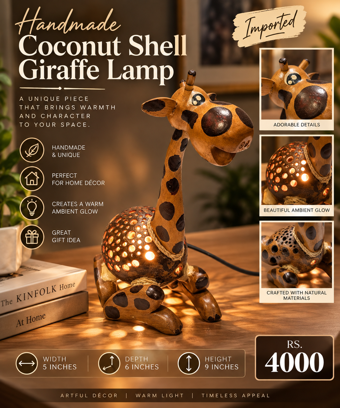 HANDMADE COCONUT SHELL GIRAFFE LAMP – IMPORTED