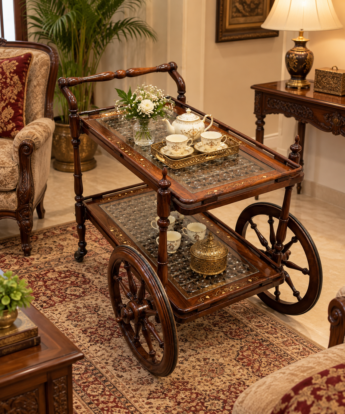 Solid sheesham Wood 2 Tier Tea Trolley
