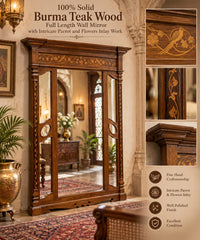Antique Solid Burma Teak Wood Full Length Mirror