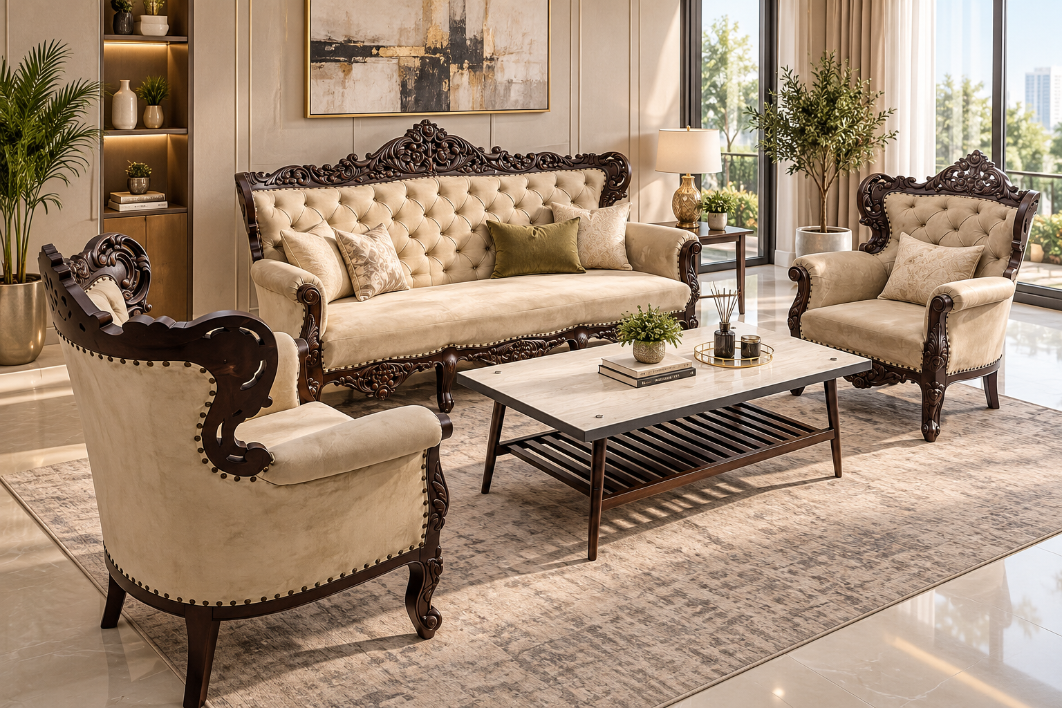 Solid Sheesham Wood Chinioti 5-Seater Sofa Set