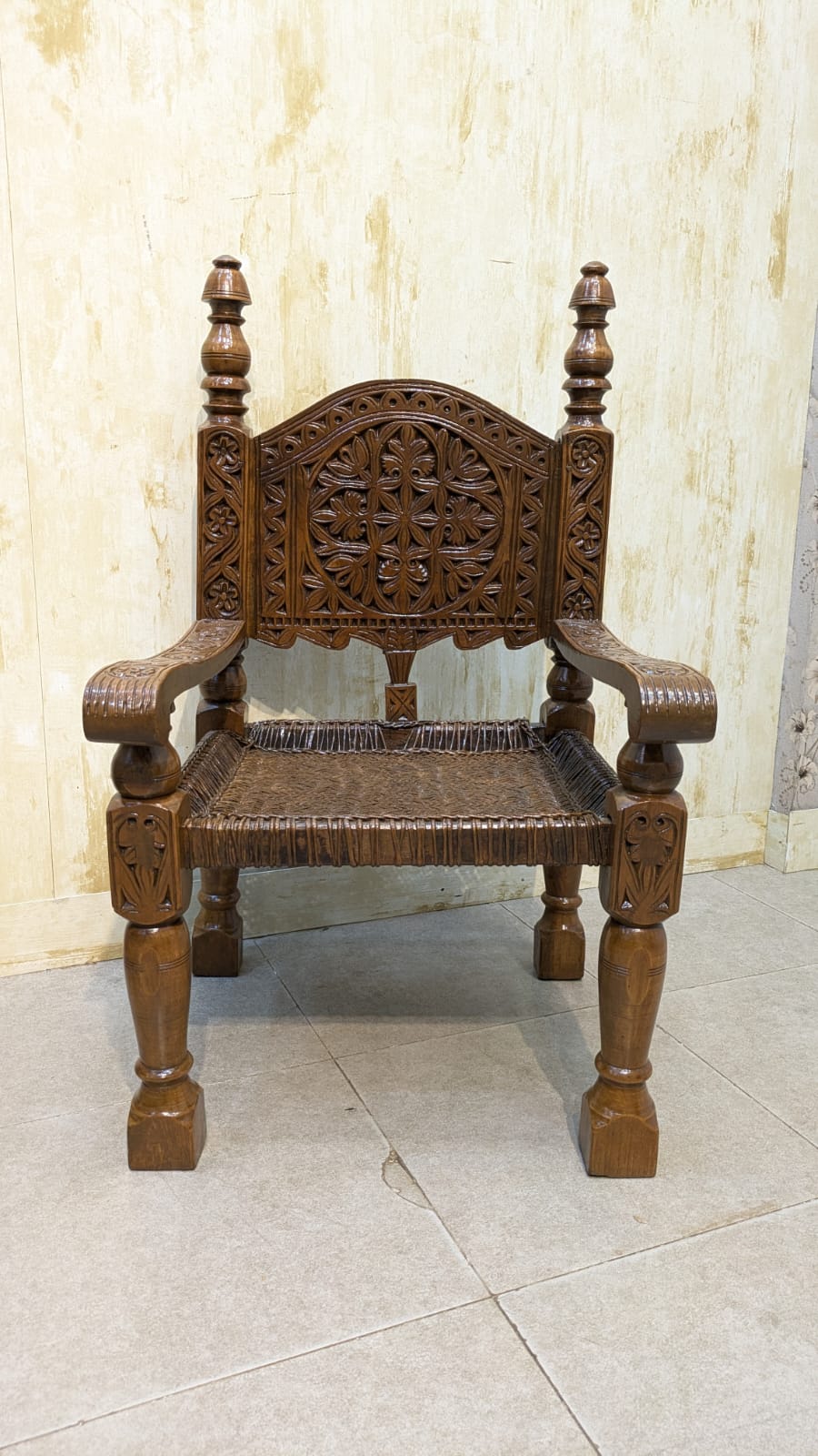 Antique Solid Burma Teak Wood Pair of Peerah Chair