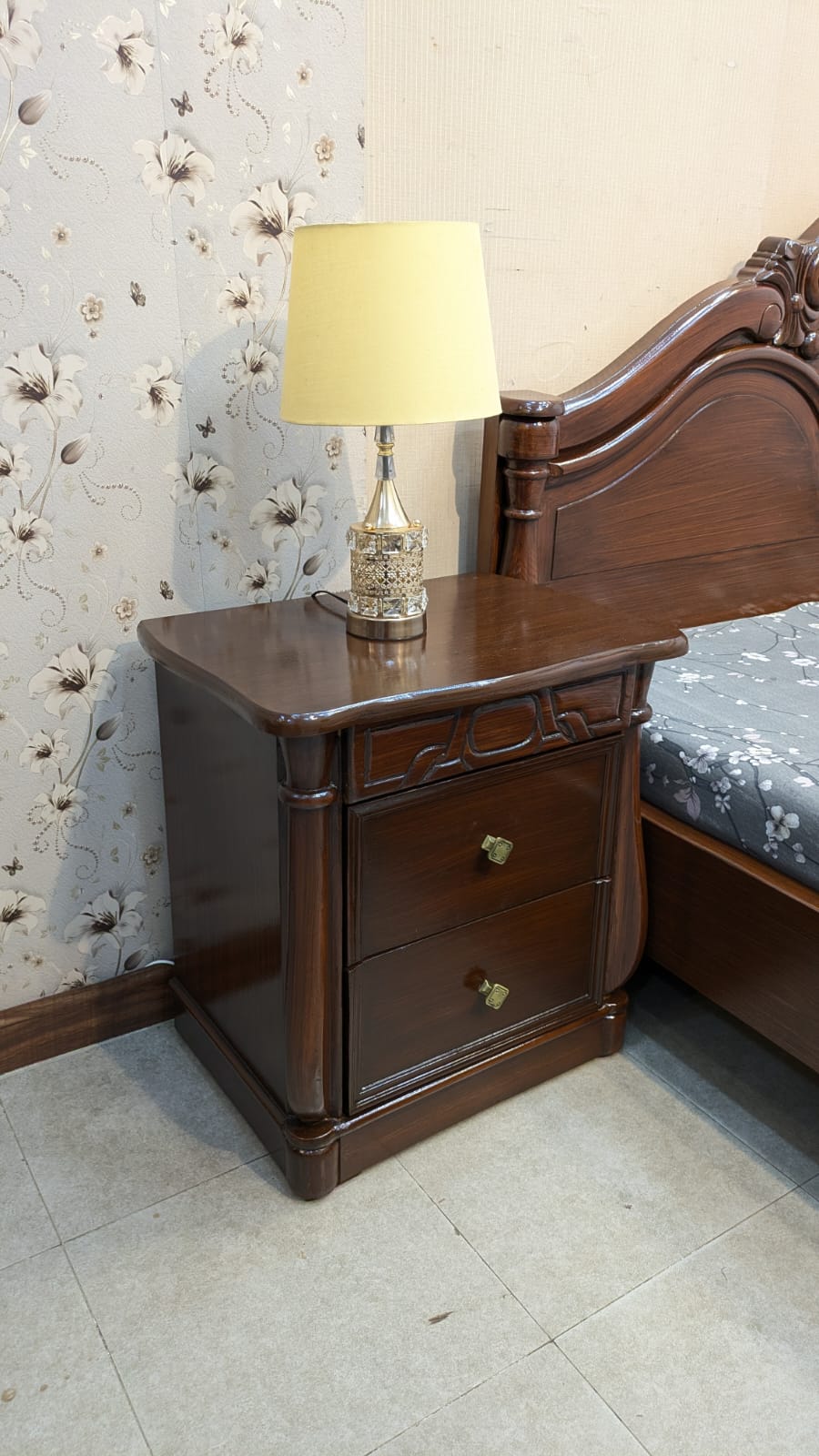 Diyar Wood King Size Bed with 2 Side Tables