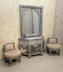 Traditional Silver Embossed Console with Wall Mounted Mirror and 2 Accent Chairs
