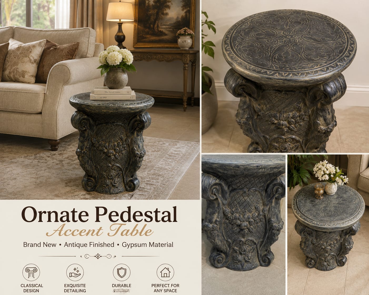 ✨ BRAND NEW ORNATE CLASSICAL-STYLE PEDESTAL ACCENT TABLE ✨