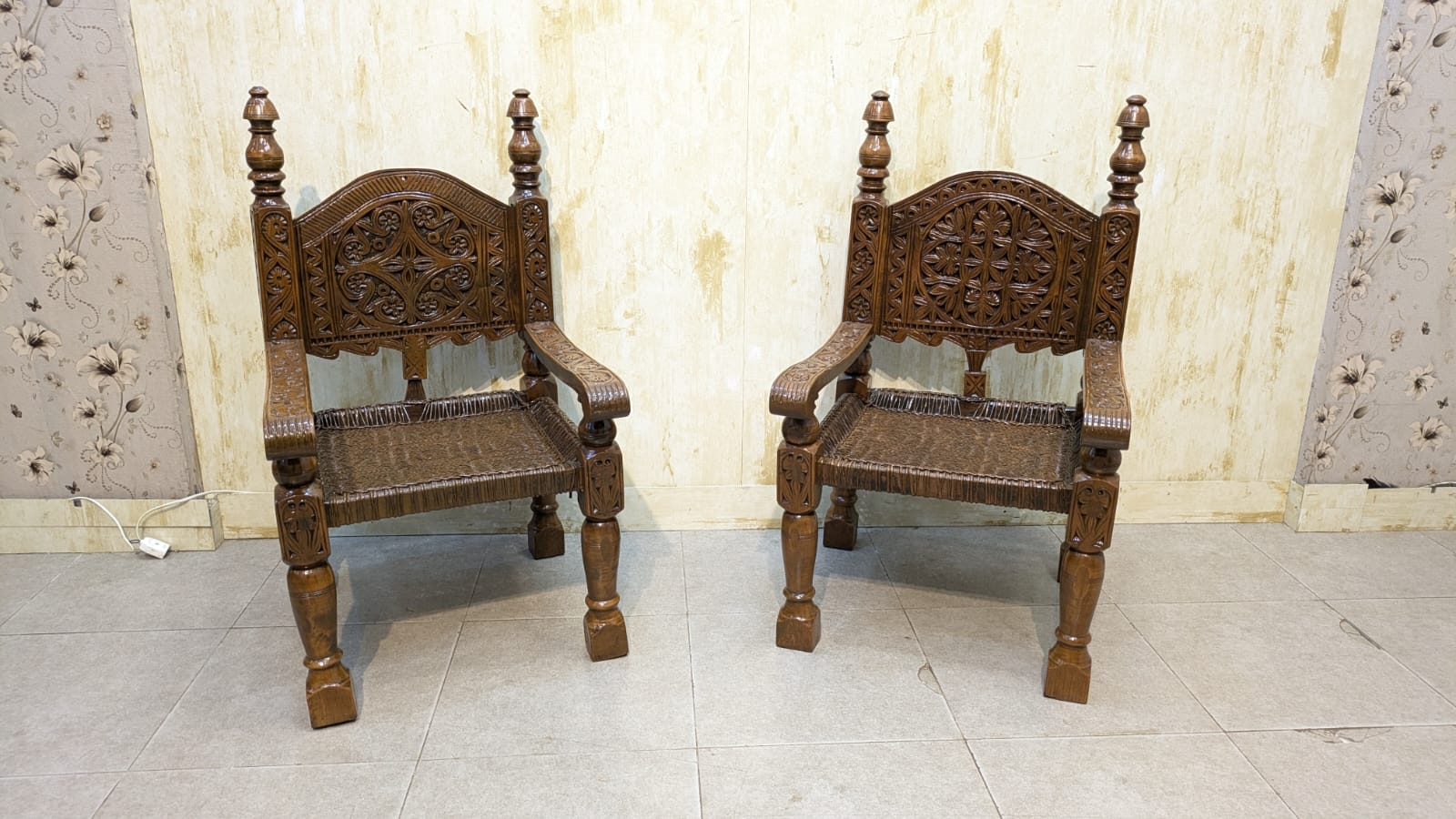 Antique Solid Burma Teak Wood Pair of Peerah Chair