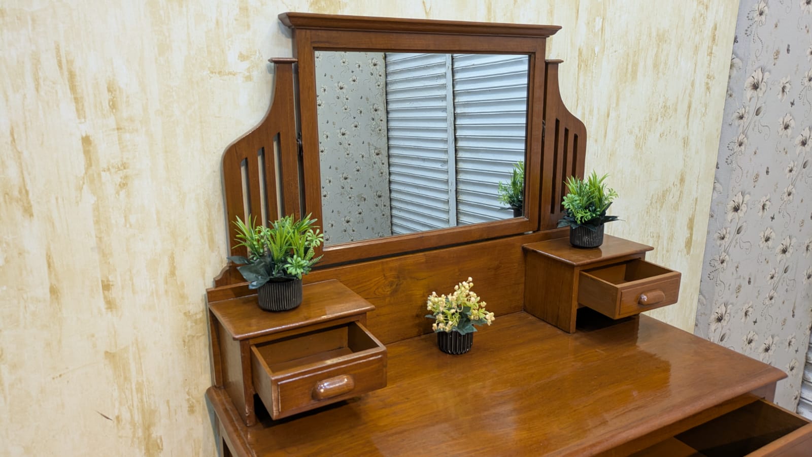 Antique Solid Burma Teak Wood Vanity Dresser