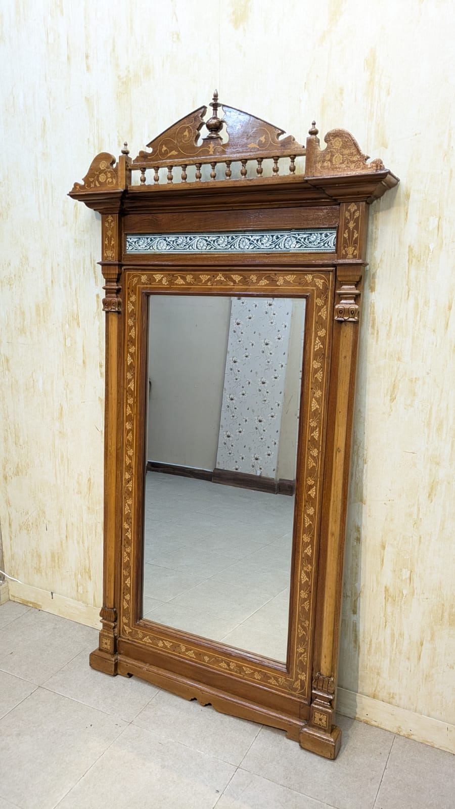 Antique Solid Burma Teak Wood Full Length Wall Mirror