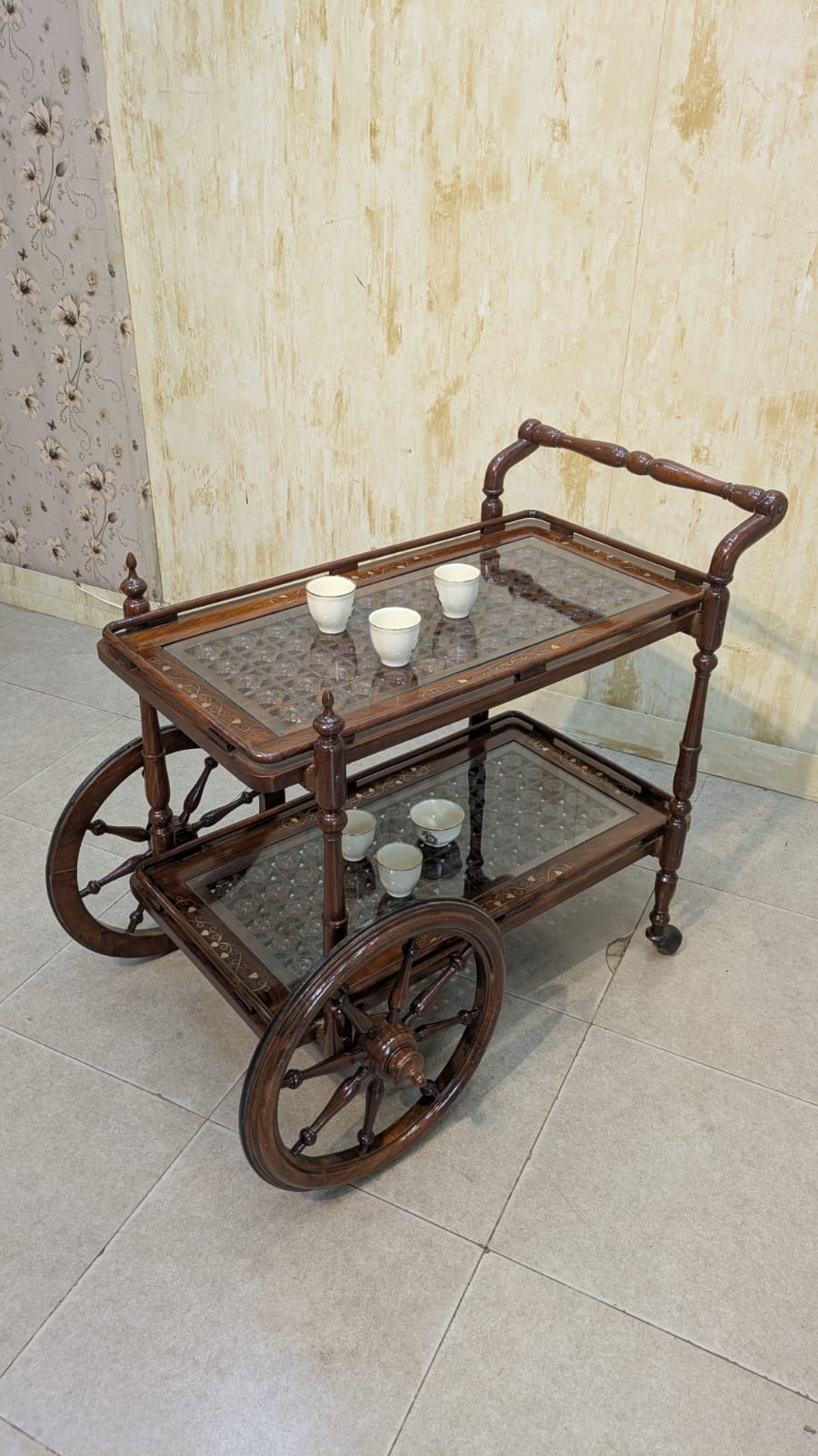 Solid sheesham Wood 2 Tier Tea Trolley