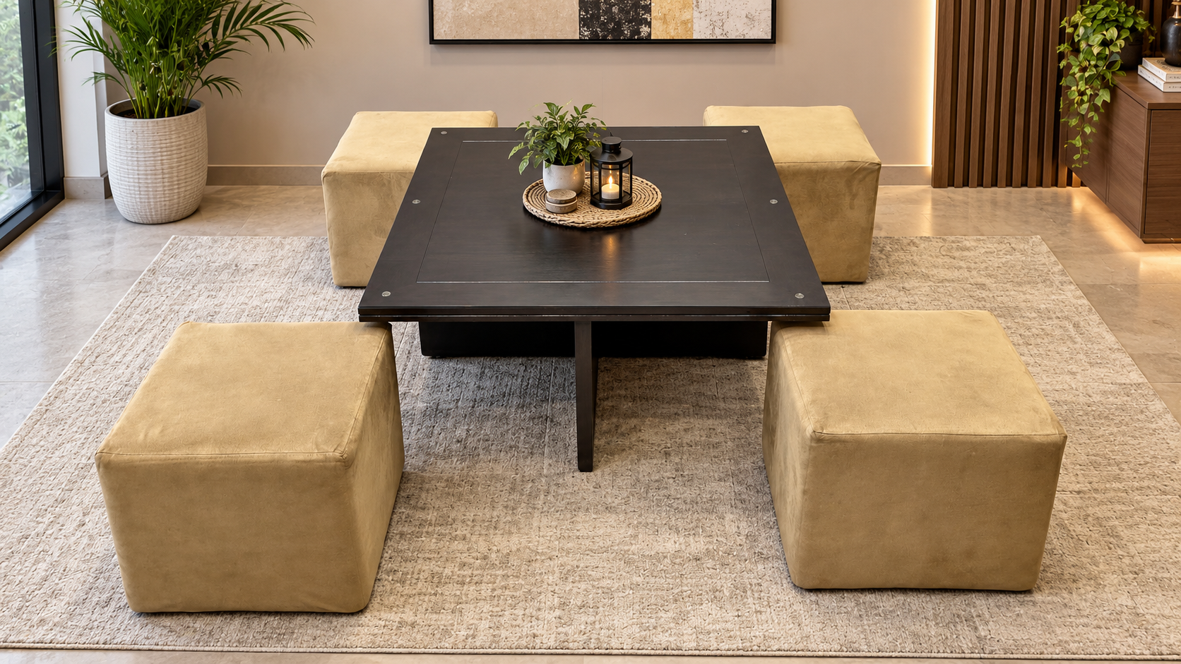 ELEGANT CENTER TABLE WITH 4 CUSHIONED STOOLS