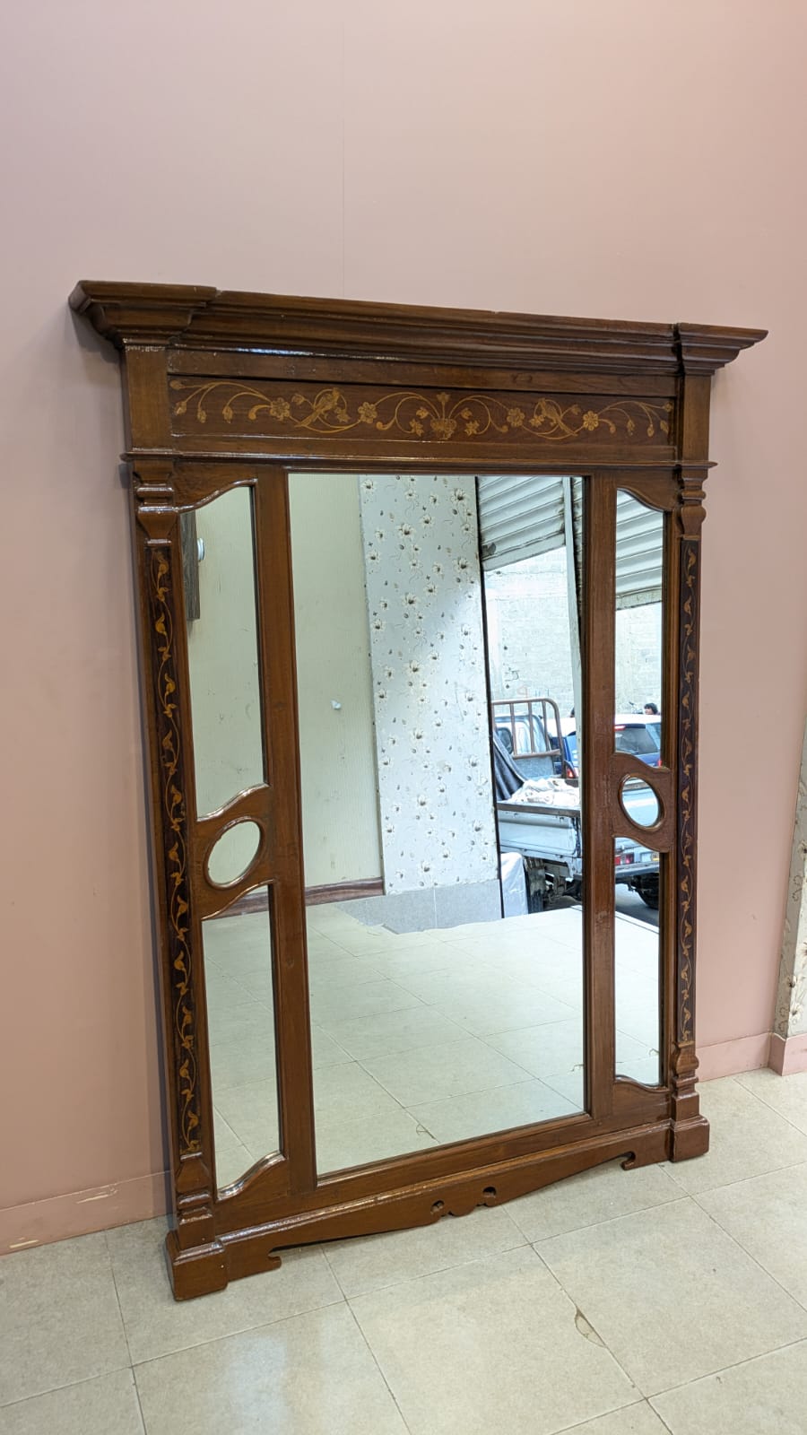 Antique Solid Burma Teak Wood Full Length Mirror