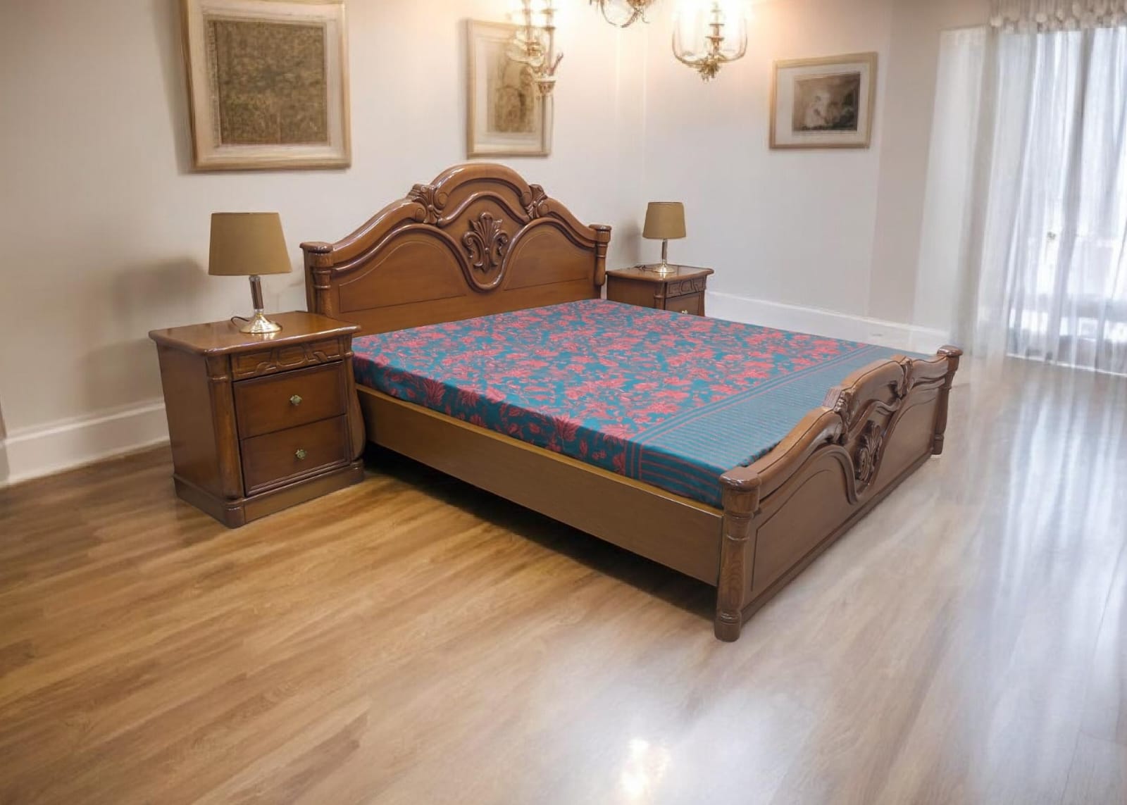 Diyar Wood and Ply King Size Bed with 2 Side Tables