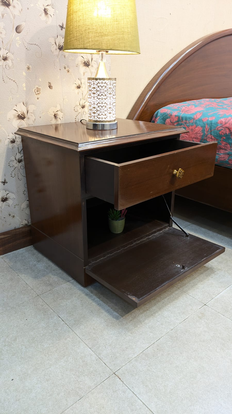 Teak Wood and Teak Ply King Size Bed with 2 Side Tables