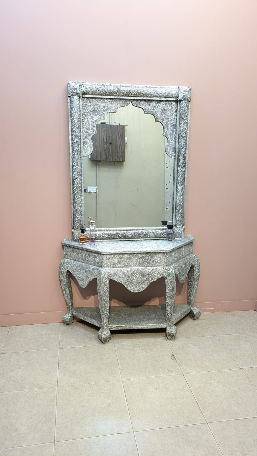 Elegant Handcrafted Silver Console Table with Mirror
