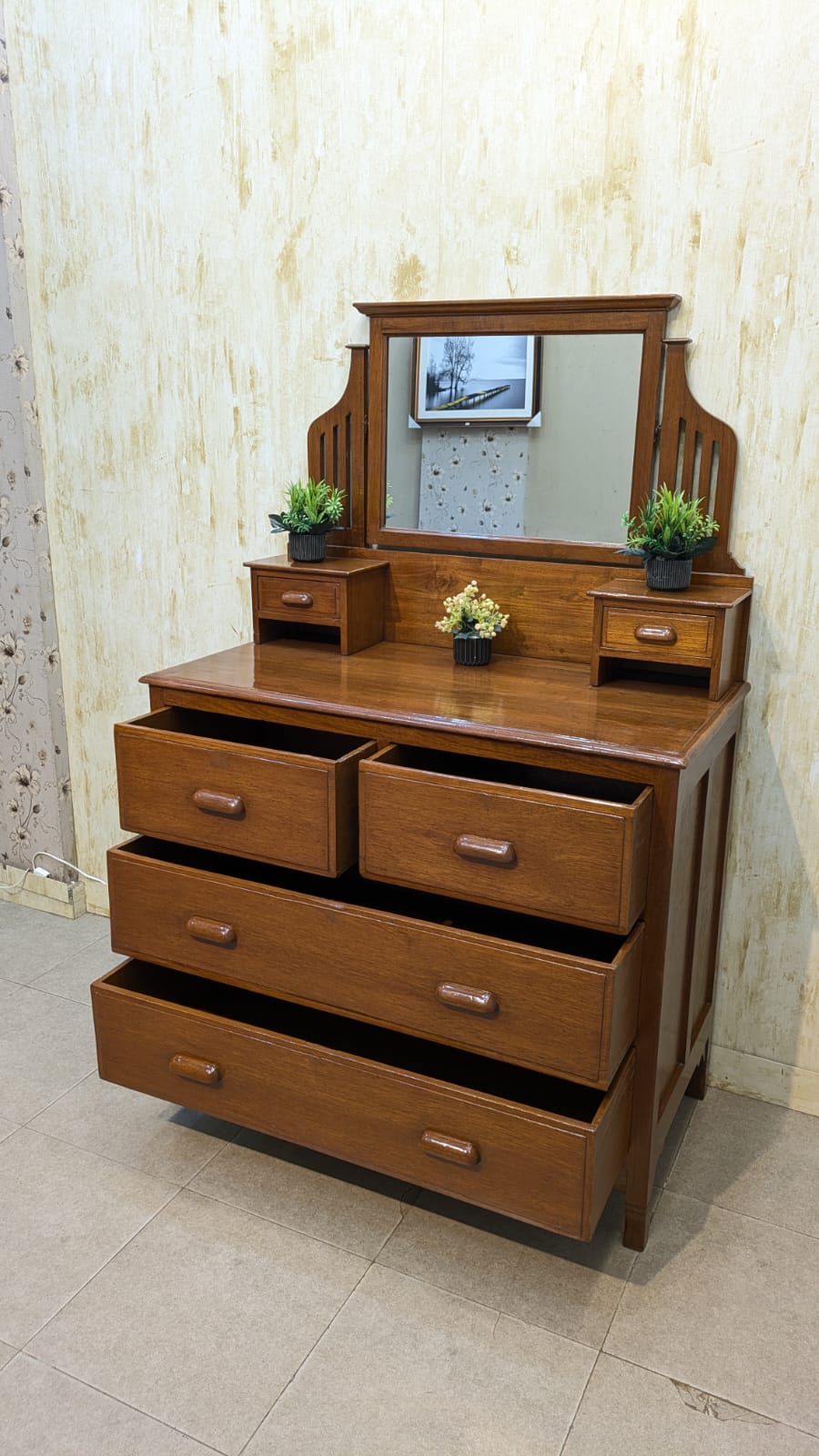 Antique Solid Burma Teak Wood Vanity Dresser