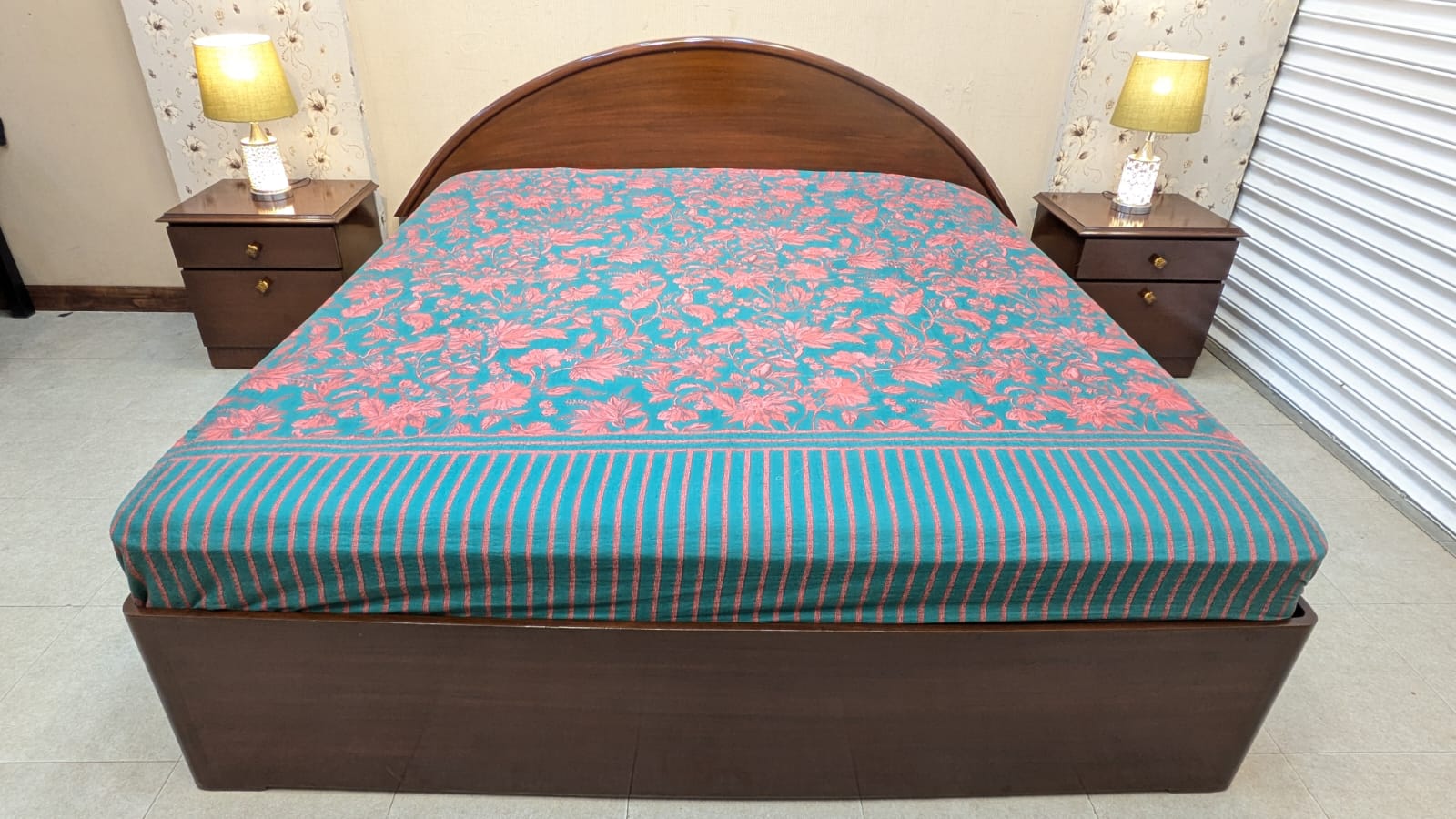Teak Wood and Teak Ply King Size Bed with 2 Side Tables